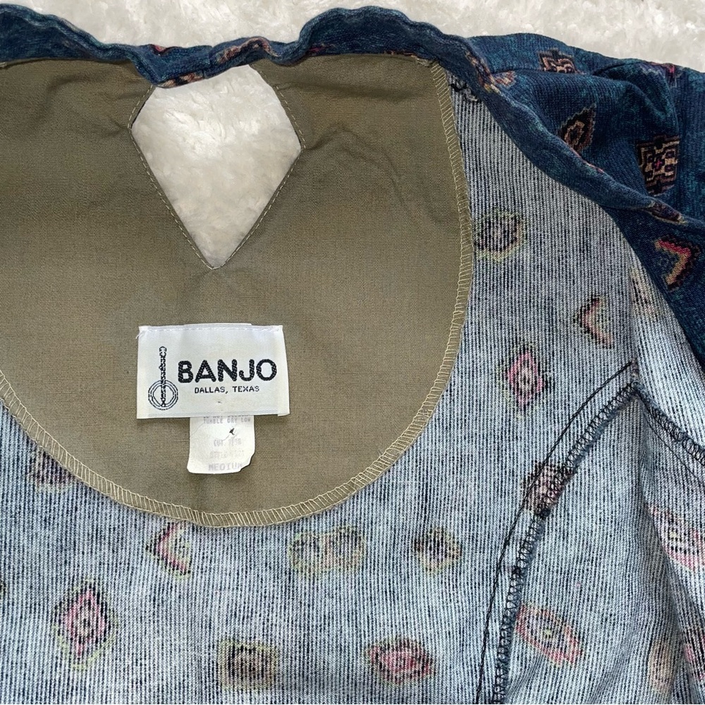 Banjo 90’s crop denim corduroy button up western print puff sleeve blouse - Picture 6 of 8